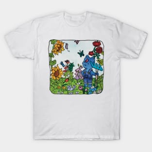 gardening cat garden flowers butterflies watercolor illustration T-Shirt